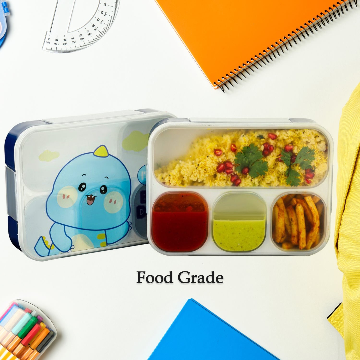 7018 Cartoon Design Print 4 Compartment Plastic Lunch Box Air Tight Lunch Box for Office, Bento Box, Leak-Proof, Microwave & Dishwasher Safe, Plastic Lunch Box for School Child, Tiffin Box for Adults with Fork & Spoon 7018 Cartoon Design Print 4 Compartment Plastic Lunch Box Air Tight Lunch Box for Office, Bento Box, Leak-Proof, Microwave & Dishwasher Safe, Plastic Lunch Box for School Child, Tiffin Box for Adults with Fork & Spoon